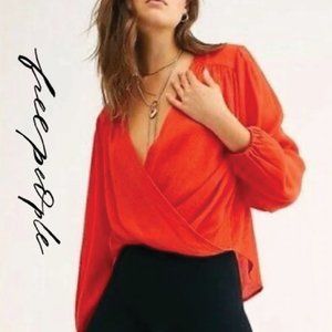 Free People Orange Red Faux Wrap Top - M